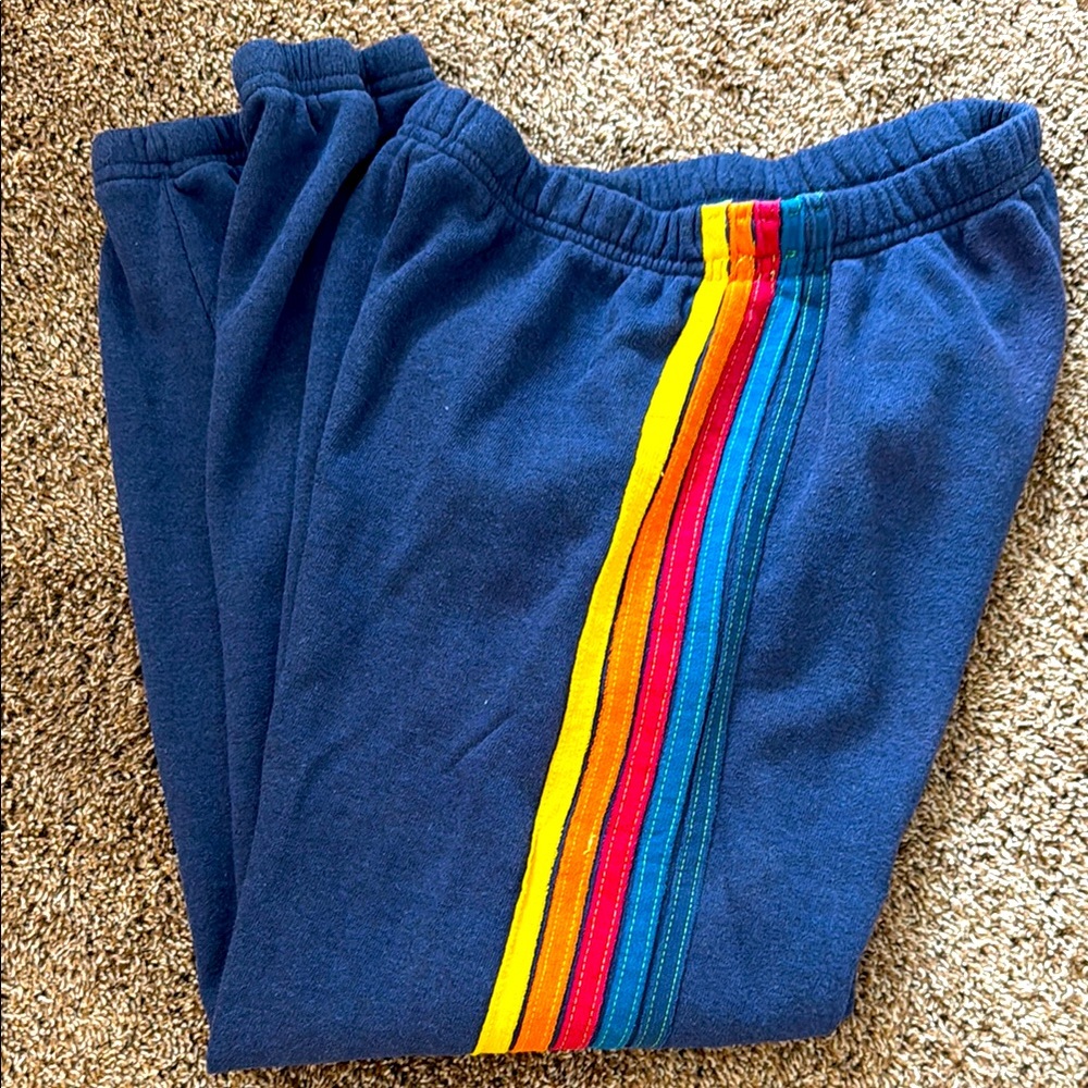 Aviator Nation Blue Sweatpants with Retro Rainbow Stripes